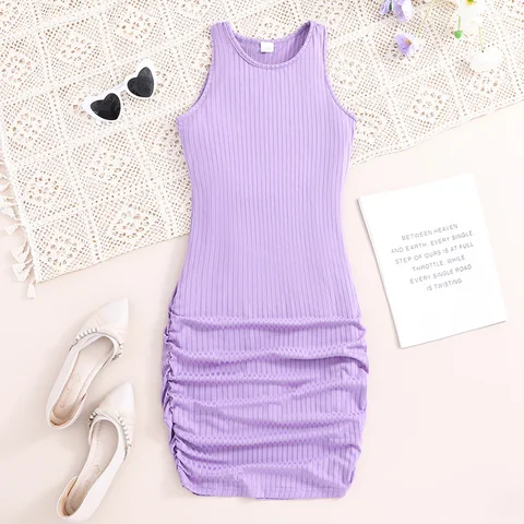 Летнее фиолетовое платье-блузка без рукавов в повседневном стиле для девочек 7-12 лет, однотонный узор, плиссированное украшение