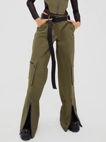 sunny y j retro green cargo pants women buckle sashes split zipper fashion pockets stitch vintage streetwear straight trousers