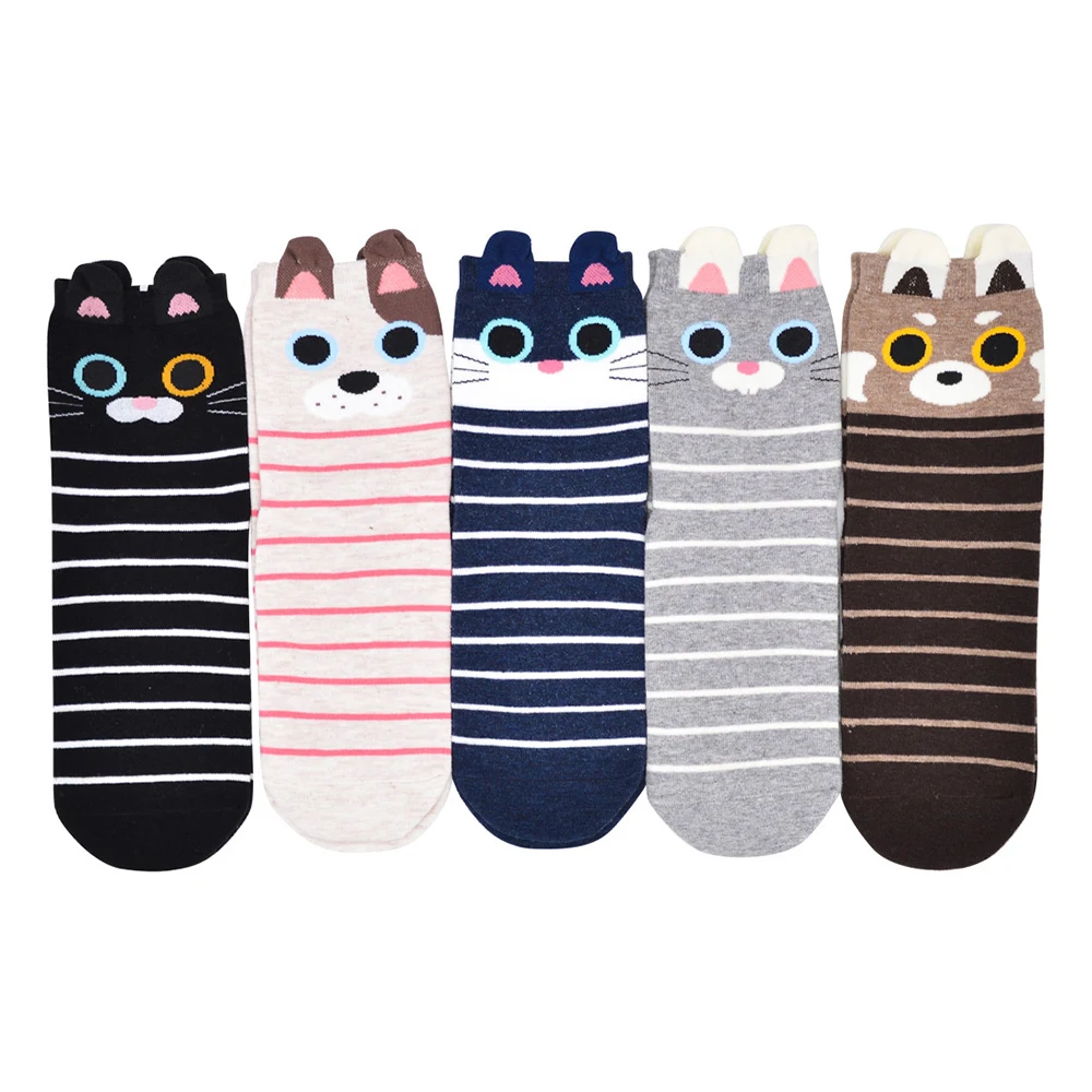12pairs/Lot Women Combed Cotton Fashion Striped Animal Cat And Dog Pattern Cartoon Casual Middle Tube Knit Socks Christmas Gift