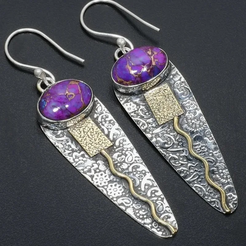 

Tribe Women Earrings Oval Inlaid Purple Stone Earrings Vintage Metal Two Tone Hand Carved Long Dangle Earrings Jewelry