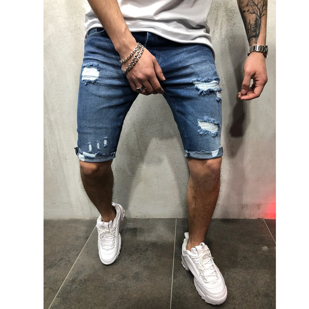 Summer Pants Men's Jeans Shorts Casual Pants Streatwear Blue Ripped Pocket baggy Straight Street Run Soft Denim male clothing