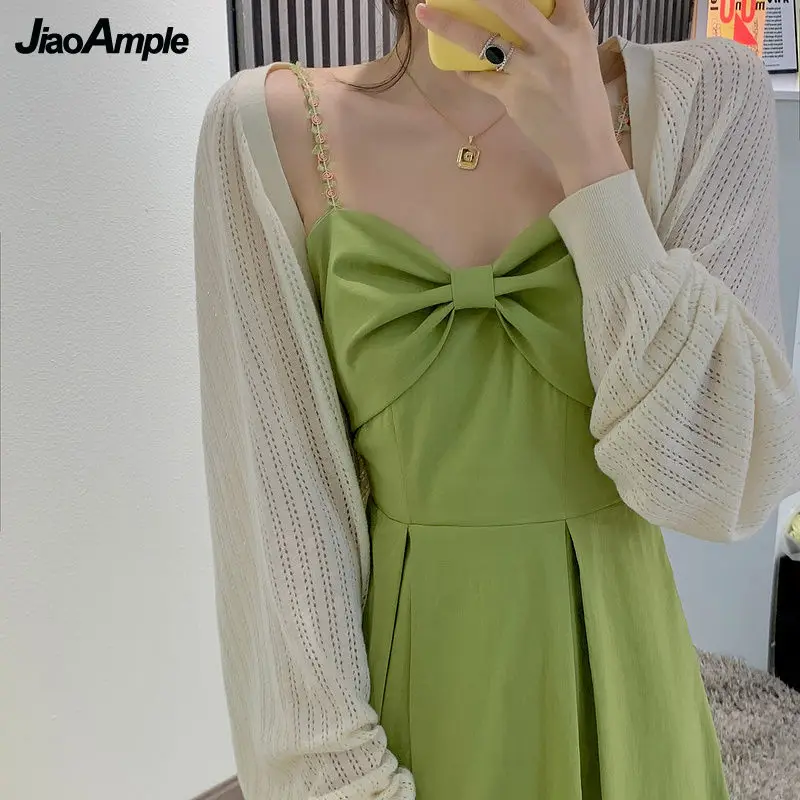 

Женское летнее длинное зеленое платье без рукавов, Милая женская кофта с бантом, тонкие пальто, комплект из двух предметов, элегантная одежд...