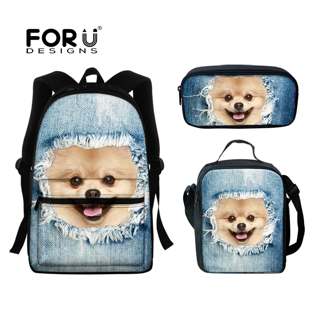 

FORUDESIGNS Fashion Cute 3D Dog and Cat Student School Bag Kids Causal Backpack Large Capacity 3set School Bookbag for Teenager