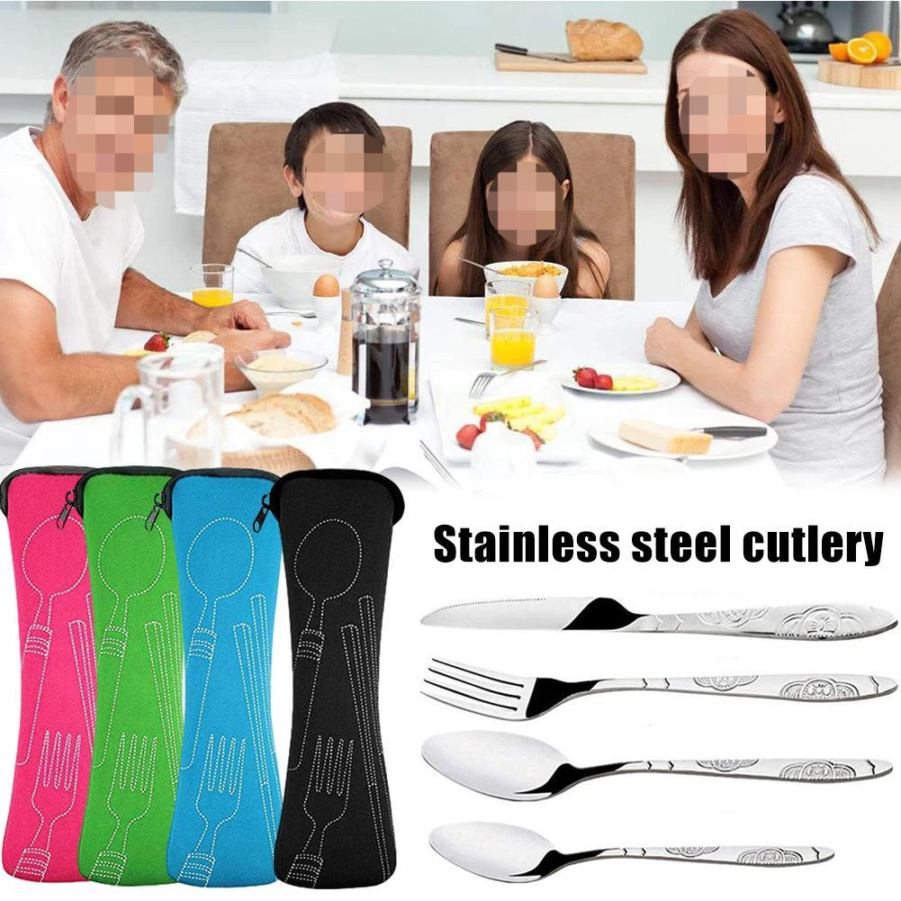 

4Pcs/set Steel Knife Fork Spoon Cutlery Set Family Travel Cutlery Portable Dinnerware With Storage Bag Picnic Cutlery Tableware