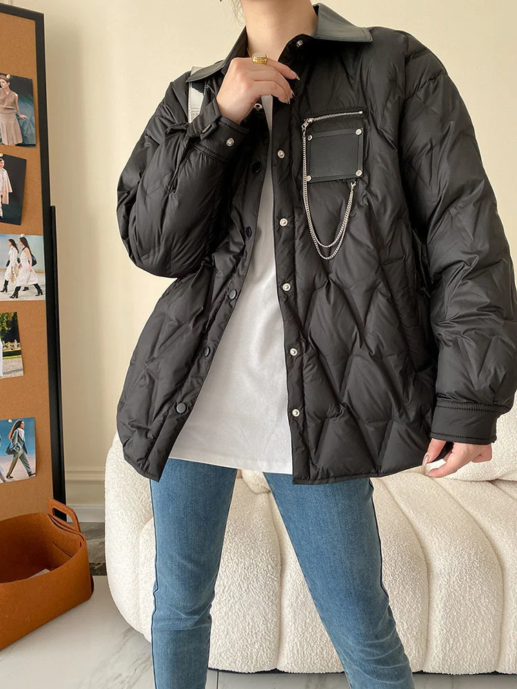 Loose Fit Black Pu Leather Big Size Down Jacket New Long Sleeve Warm Women Parkas Fashion Tide Autumn Winter 2022 K094