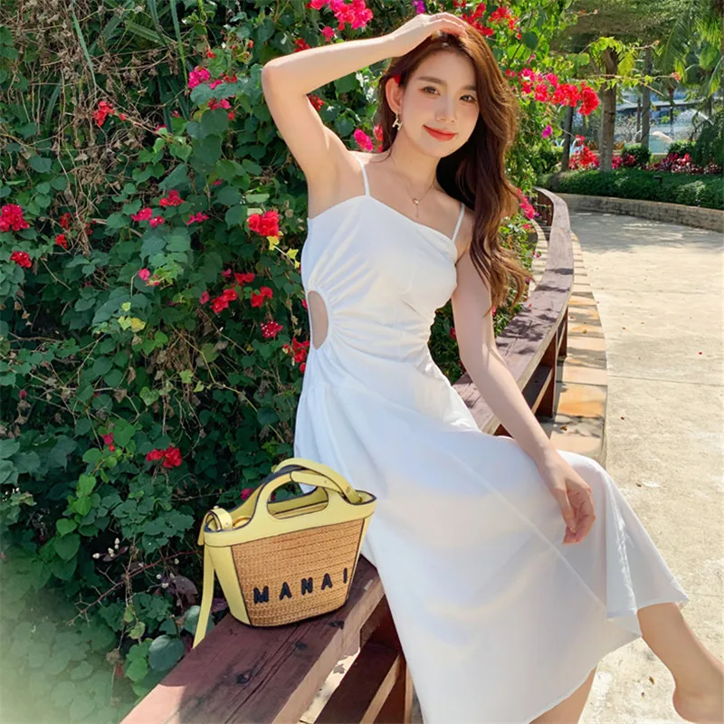

SuperAen New One-shoulder Tube Top Waist Slim Hollow Out A-LINE Mid-Calf Casual Spaghetti Strap Woman Dress