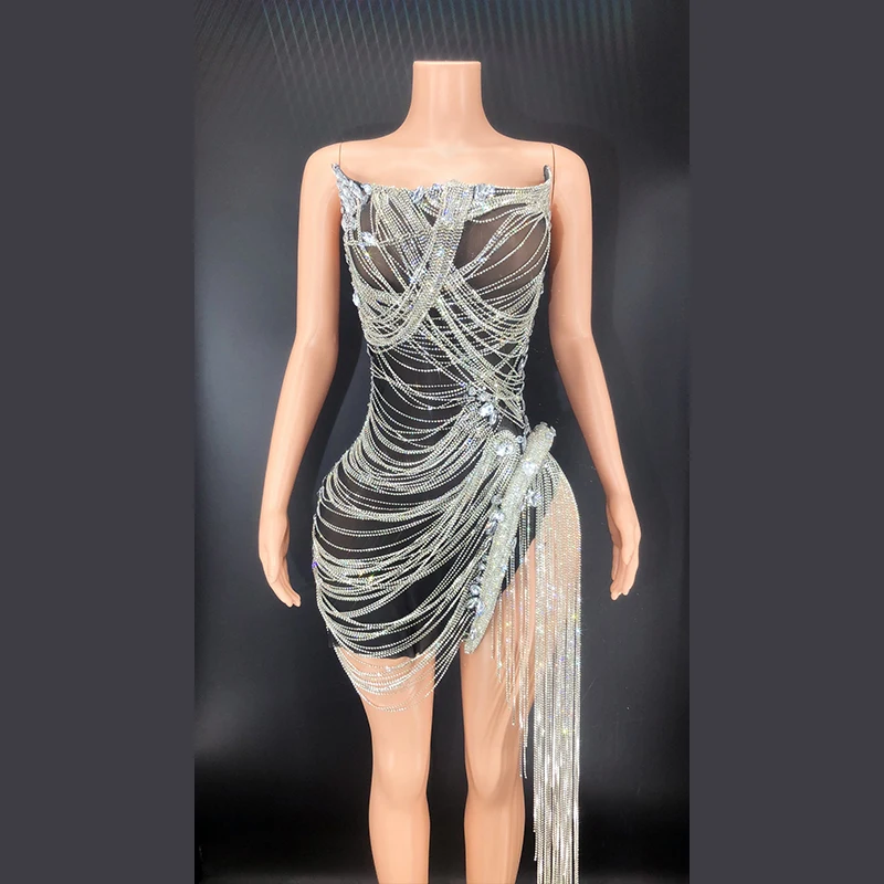 

Crystal Stones Chian Evening Party Dress For Women Sexy Tassel Dress Nightclub DJ Gogo Show Costume Singer Stage Dress DNV16487