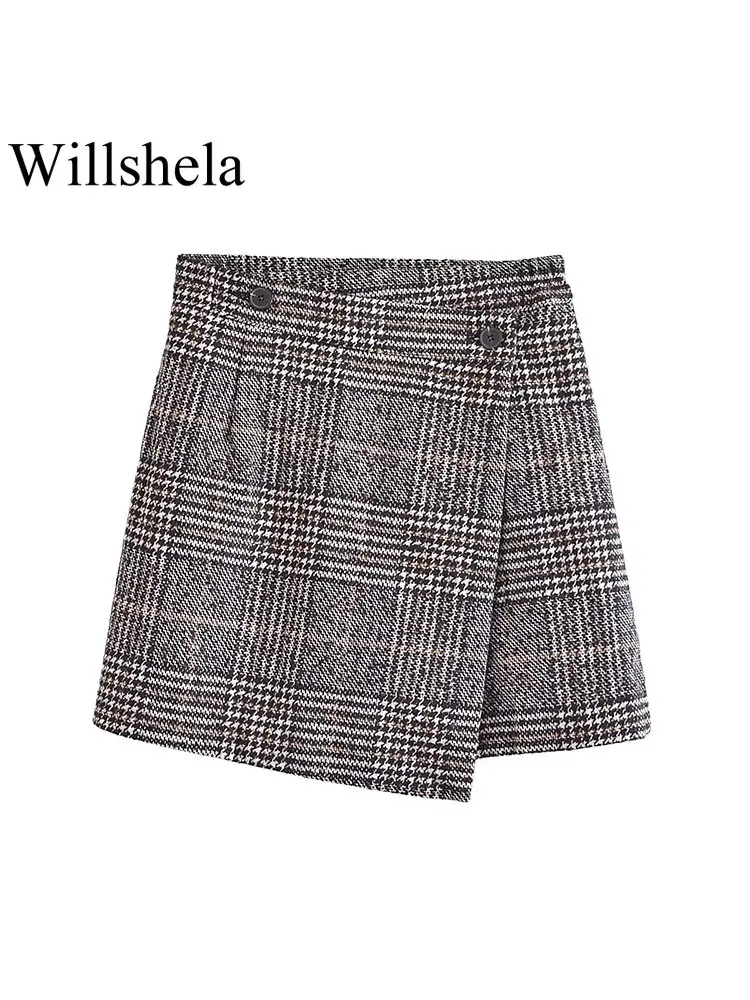 

Willshela Женская мода Асимметричная клетчатая мини-юбка винтажная Высокая талия Женская шикарная Женская юбка Mujer наряды