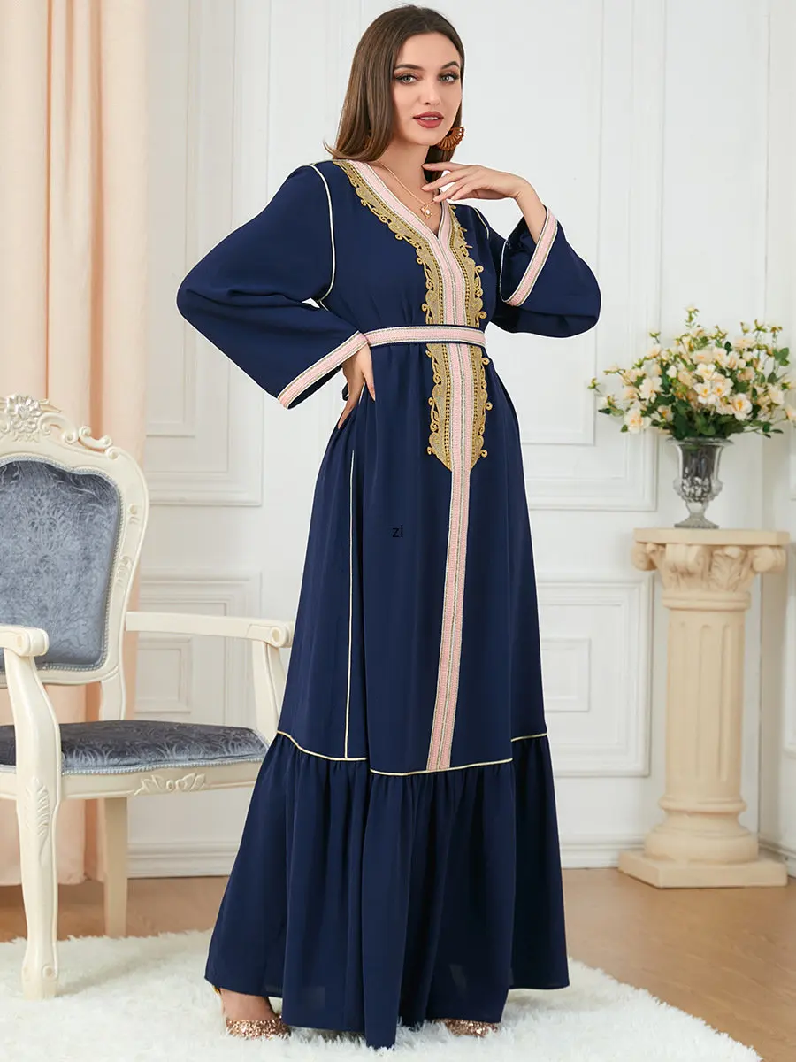 Modest Abaya Muslim Long Dress Women Long Sleeve Pleated Patchwork Hem Kaftan Party Dresses Dubai Turkish Abayas
