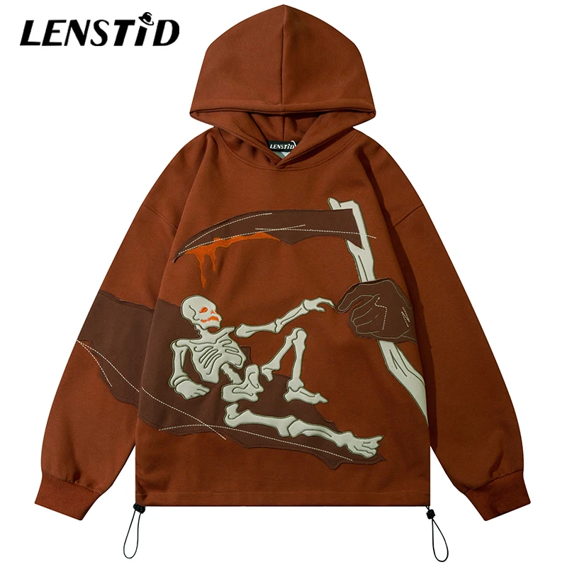 

LENSTID Autumn Men Pullover Hoodies Hip Hop Skeleton Patch Embroidery 2022 Streetwear Harajuku Casual Hooded Sweatshirts Hipster