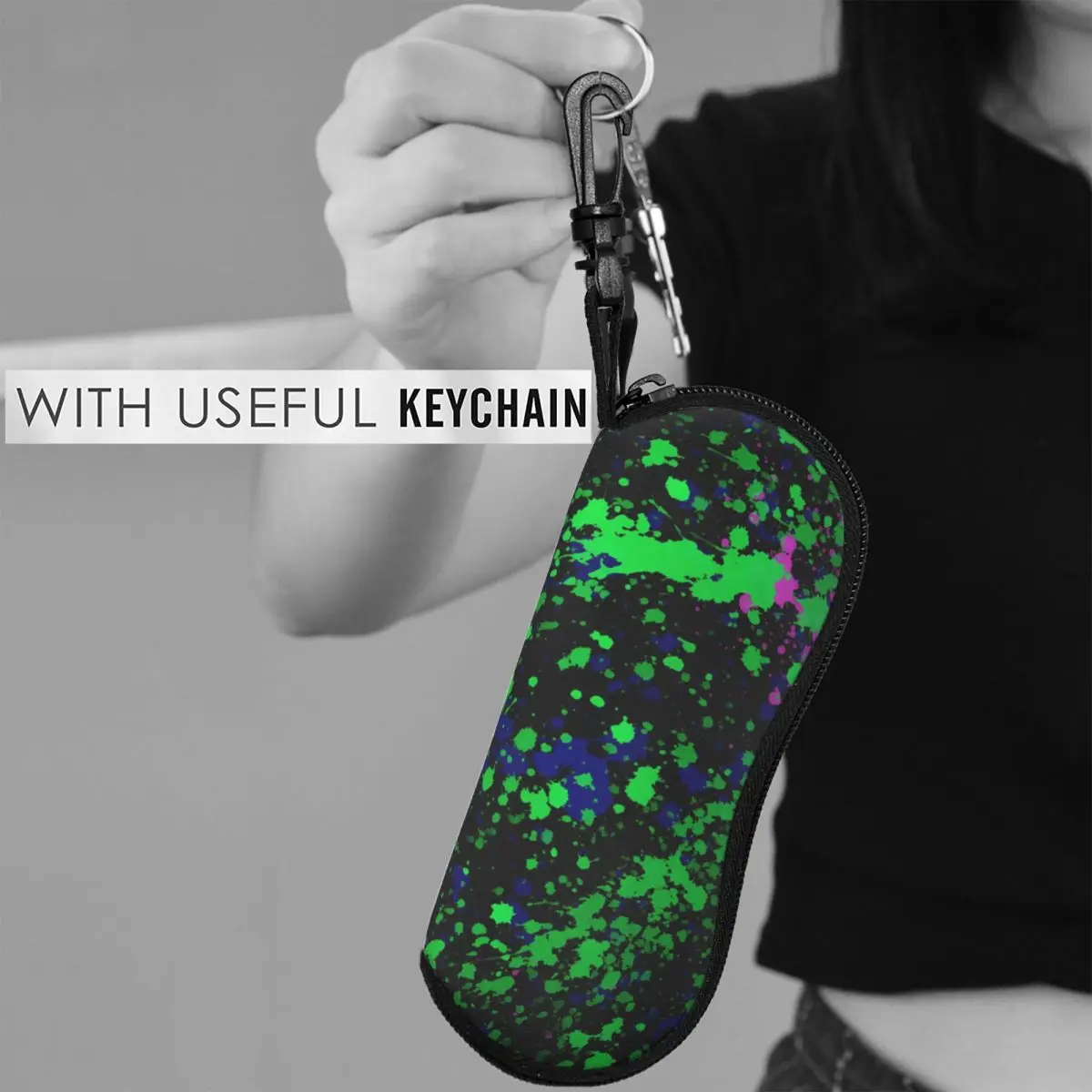 

Neon Paint Horizontal Glasses Case Blue Pink Green Splatters Female Key Chain Sunglasses Pouch Fashion Reading Eyeglasses Box