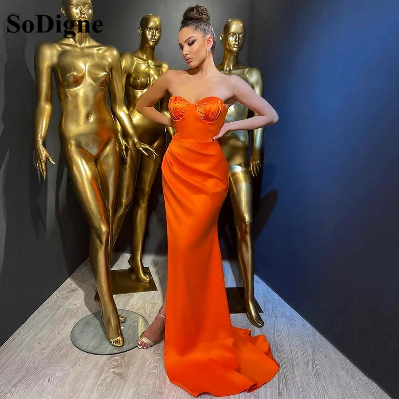 SoDigne Orang Mermaid Satin Evening Dresses Sweethearts Side Split Beads Long Party Dress Prom Gowns For Girl  - buy with discount