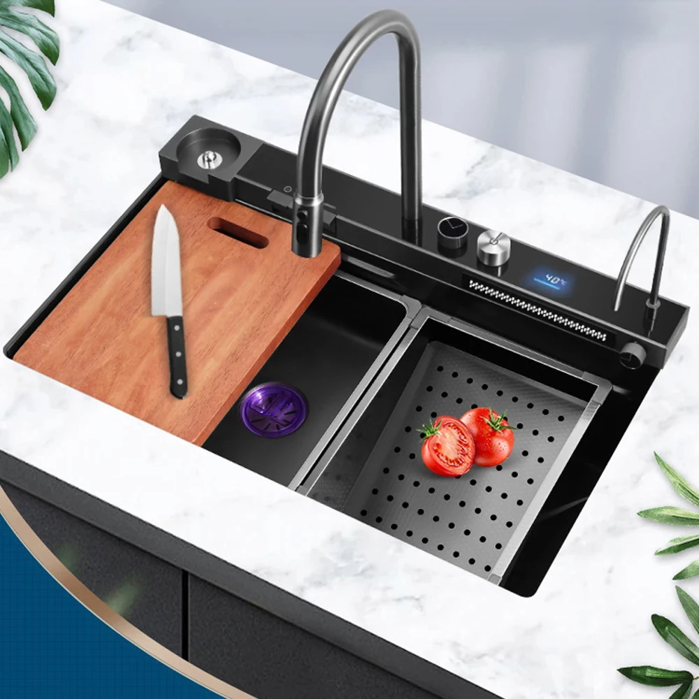 

Digital Display Waterfall Kitchen Sink 304 Stainless Steel Large Sink with Soap Dispenser Basin Multifunction Touch Topmount