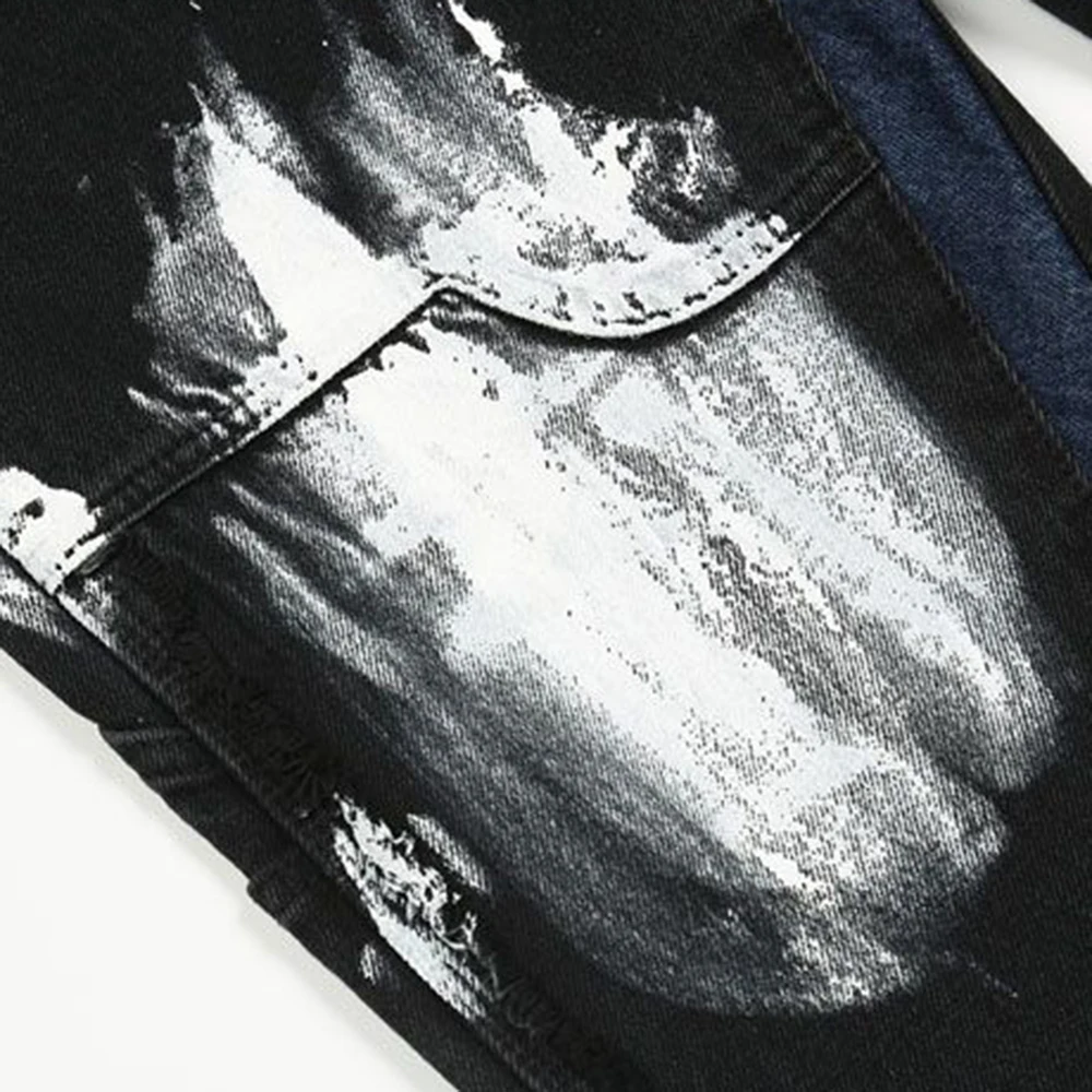 Design Sense Splash Ink Graffiti Jeans High Street Vibe Pants Men's Stitching Straight Loose Black American Long Pants Tide