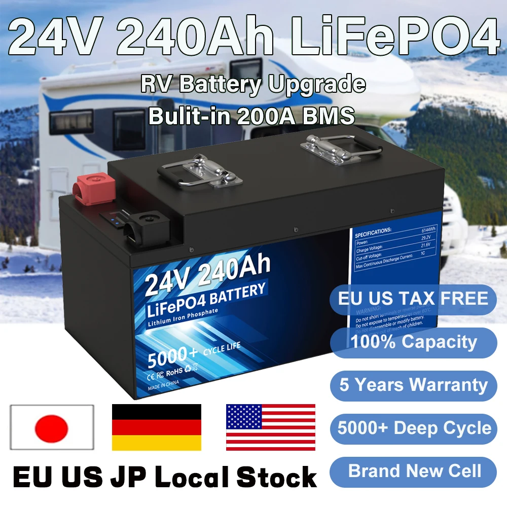 

24V 240AH 200AH 100AH LiFePO4 Battery Pack 25.6V 6144Wh Built-in 200A BMS 102% Capacity 5000+ Cycles RV Golf Cart Solar US Stock