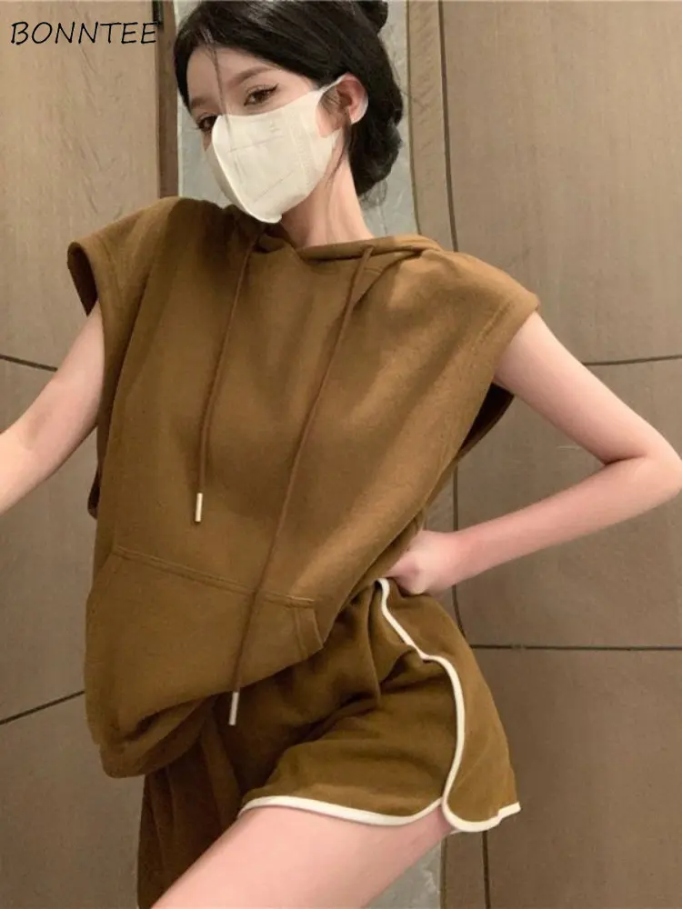 

Women Sets T-shirt Hooded Solid Minimalist Front Pocket All-match Shorts Leisure Sporty Popular Female Korean Style Summer Basic