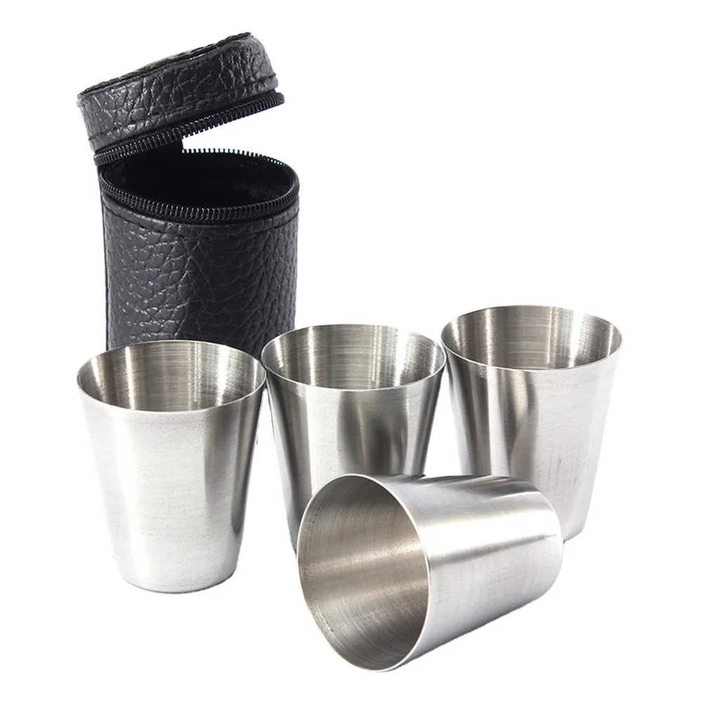 

4pcs Set 30ml Outdoor Stainless Steel Cups Shots Set Mini Glasses For Whisky Wine Beer Cup With Black Leather Carrying pouch