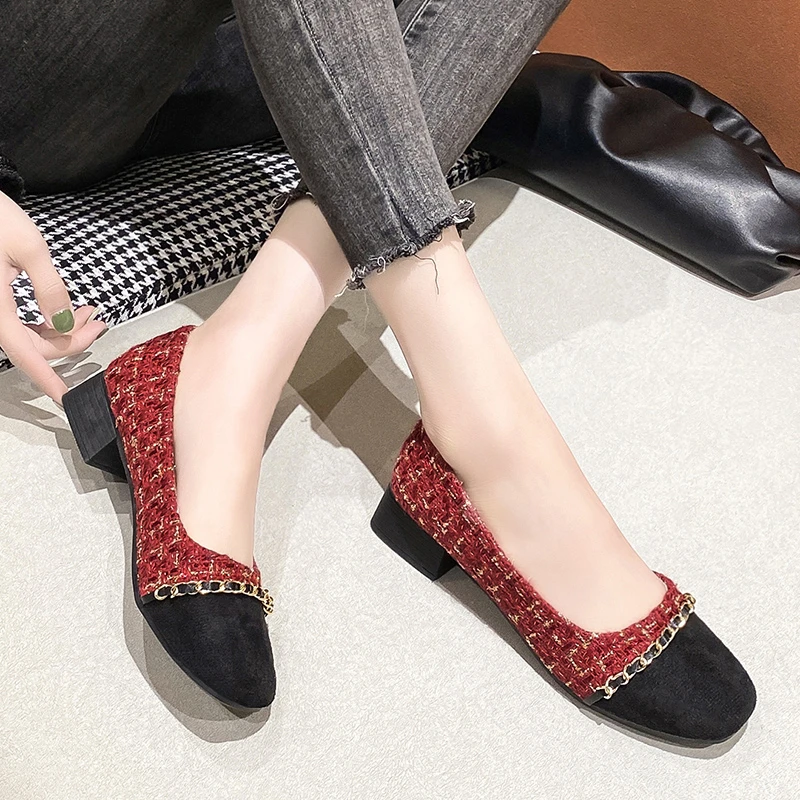 

2022 Spring and Autumn New Net Red Pumps Women Square Head Small Fragrance Style High Heel Color Matching Women's Shoes