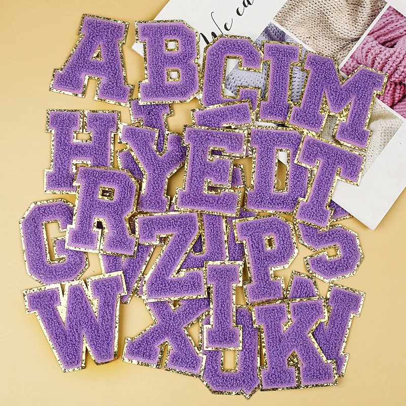 

Purple Letter Sequins Patches Towel Embroidered Alphabet Felt Chenille Sew on Patch for DIY Accessories Applique Glitter A-Z 8CM