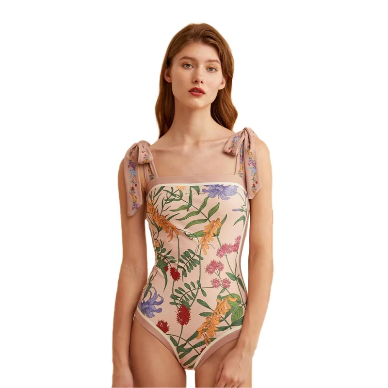 

One Piece Swimsuit Women Reversible Tie-Shoulder Floral Swimwear Beachwear 2023 New Luxury Elegant Brazilian Beach Bathing Suit