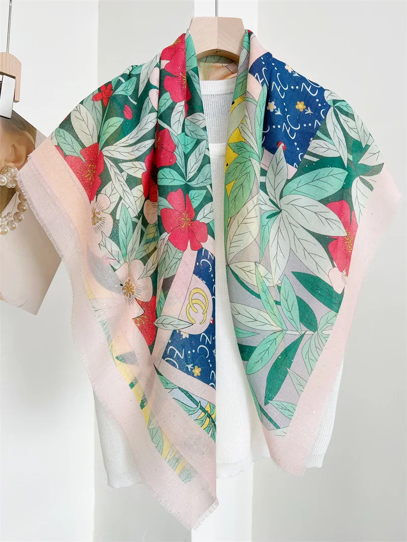 

New Women 200s Cashmere Scarf Pashmina Girl Shawl Wrap Printing Floral Bird Pink Silver Sequins Brand Design 100*100cm