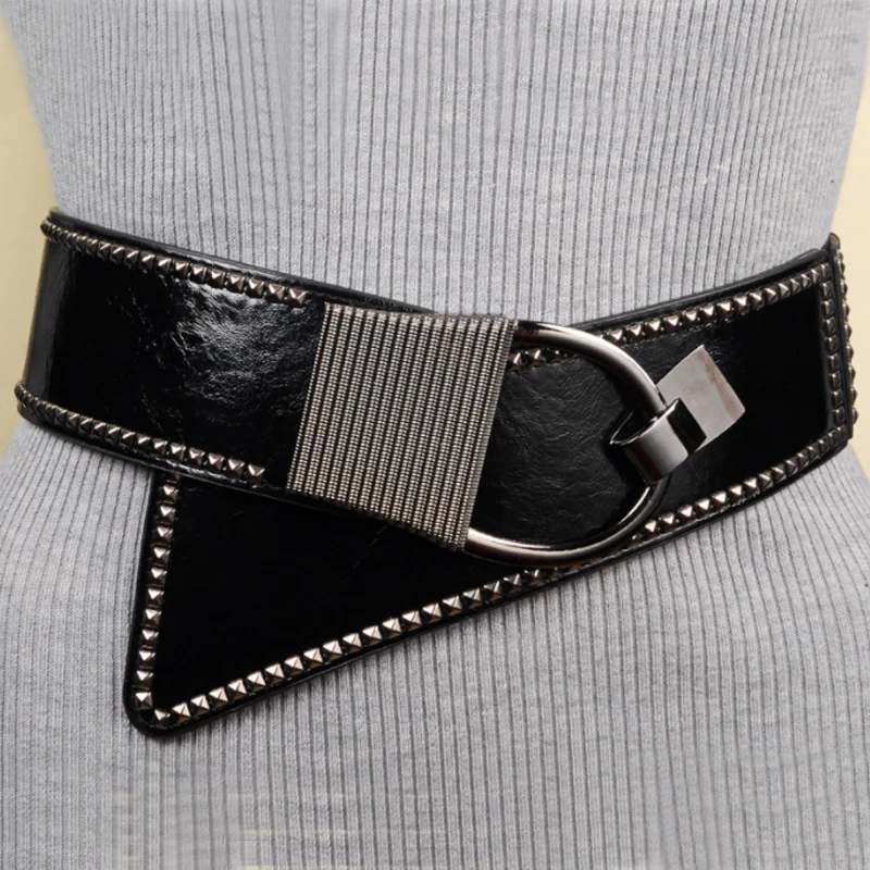 

Fashion High Quality Ladies Rivet Wide Belt Coat Dress Decorated Waist Elastic Punk Girdle Belts for Women Luxury Designer Brand