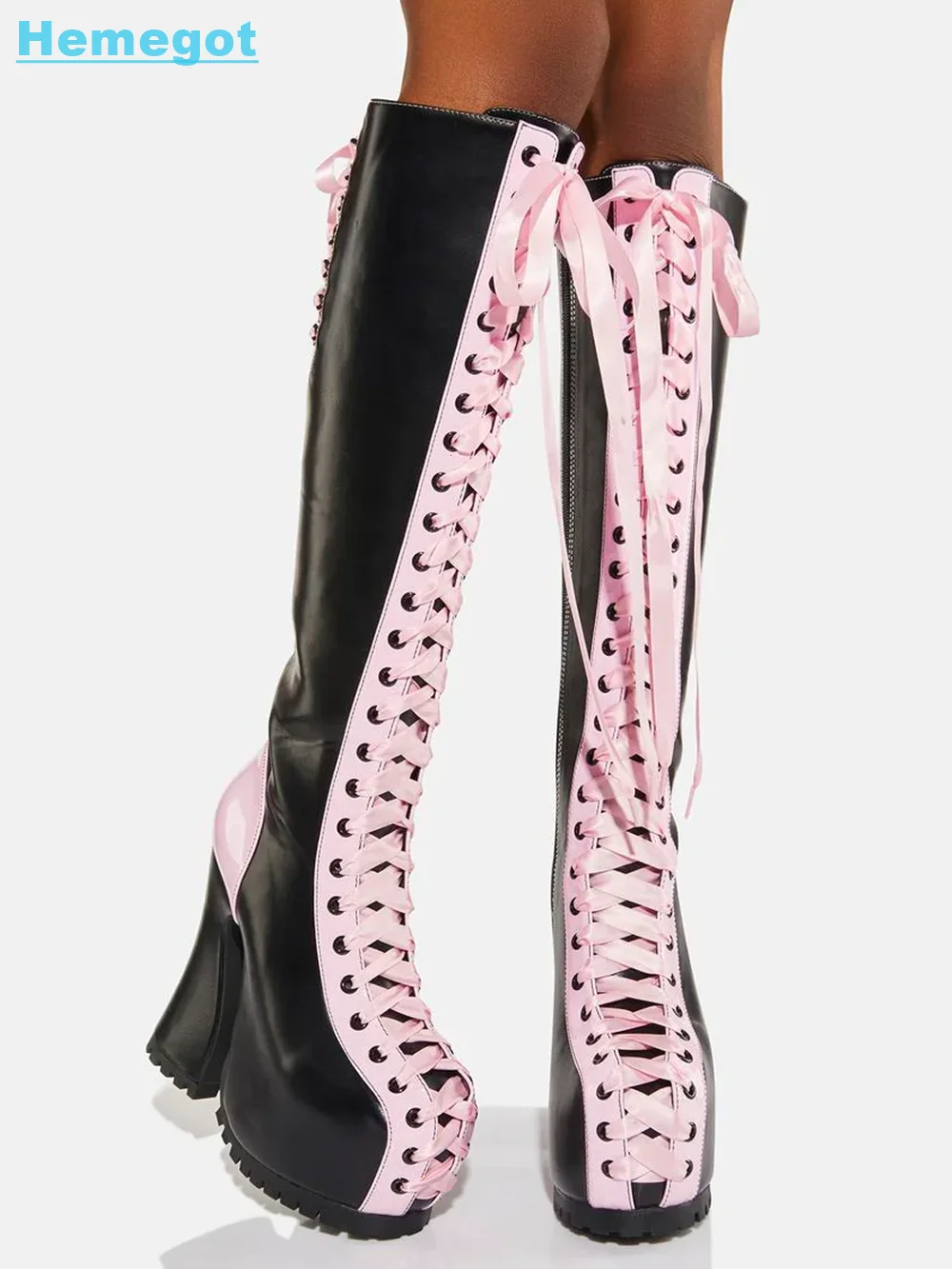Platform Ribbon Lace-Up Knee-High Boots Chunky Heel Pink Black Mixed Colors Side Zipper Sexy Women Shoes Fashion Autumn Winter