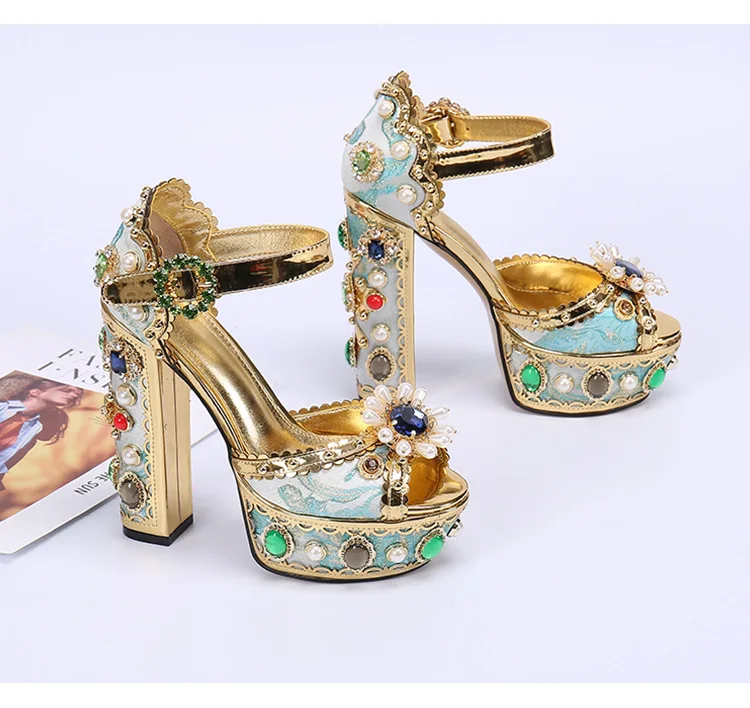 Сандалии на платформе в стиле ретро Женские роскошные сандалии с жемчугом и