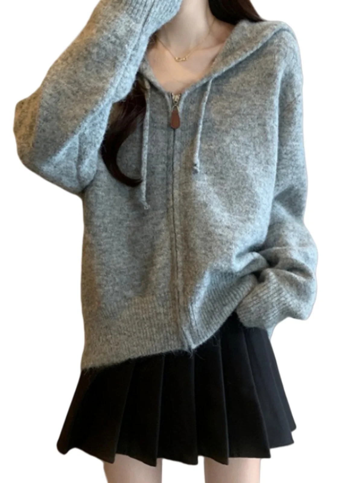 Утолщенный вязаный свитер на молнии с капюшоном для женщин осень и зима модный