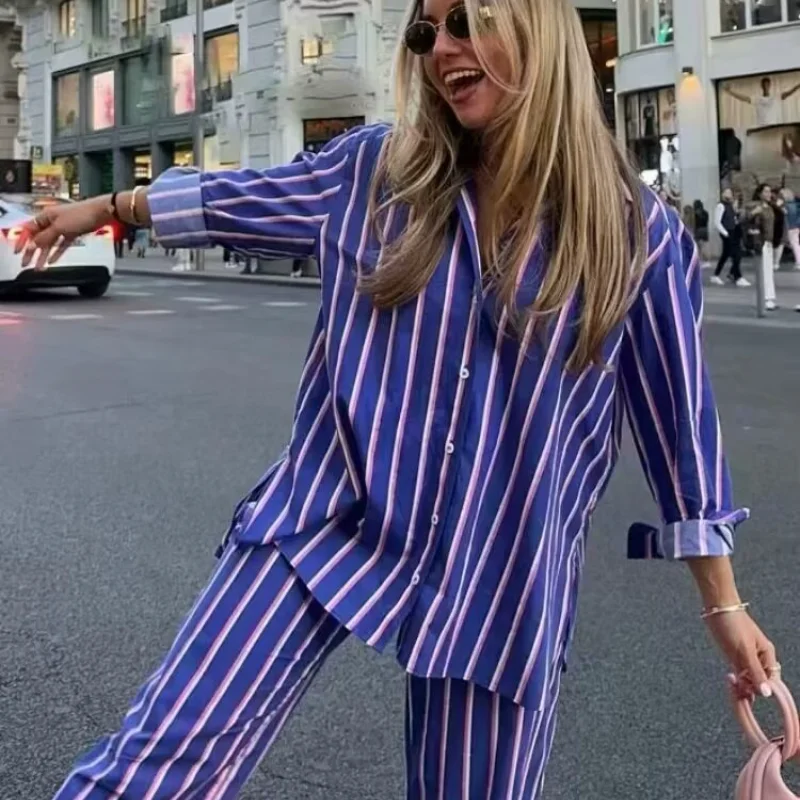 Осенний комплект из 2 предметов в полоску с длинным рукавом женские прямые брюки