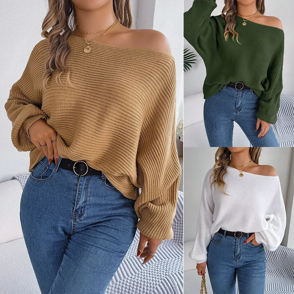 

Europe America Style Autumn Winter Casual Sweater Womens Skew Collar Batwing Sleeve Pullover Acrylic Jumpers Loose Sweaters