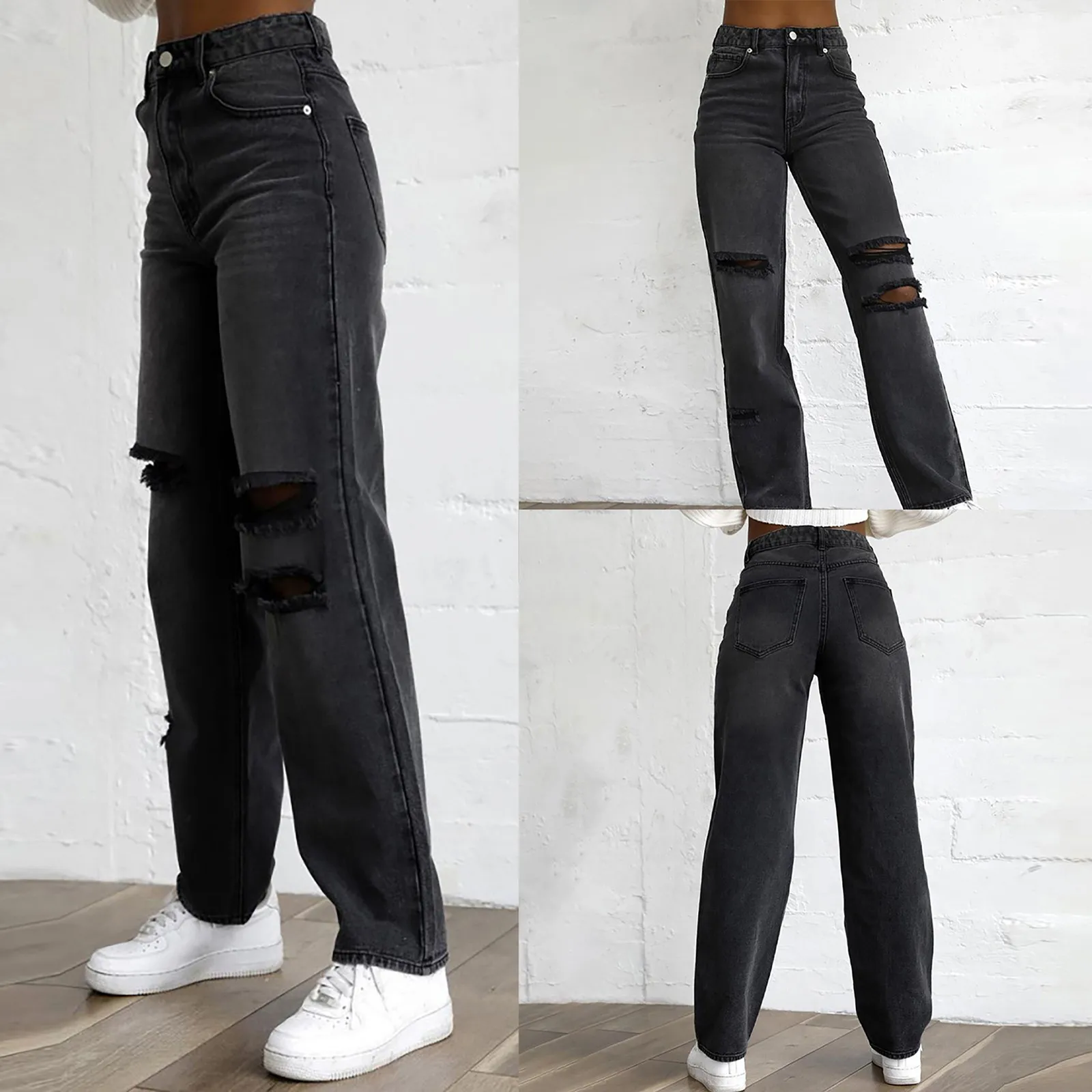 

Solid Jeans Trouser Cargo Pants Women Hole Baggy Straight Joggers High Waist Ripped Pantalones Vintage Bottomwear Y2k Streetwear