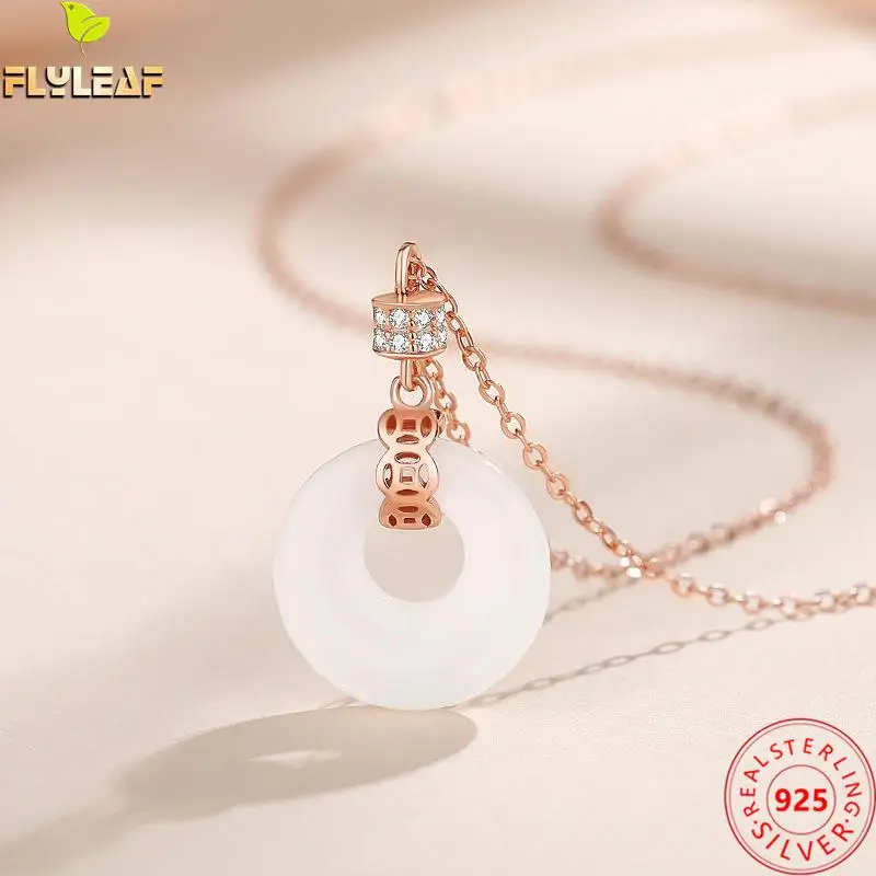 

Real 925 Sterling Silver Jewelry White Chalcedony Pendant Necklace Women Rose Gold Plating Chinese Style Femme Luxury Accessorie