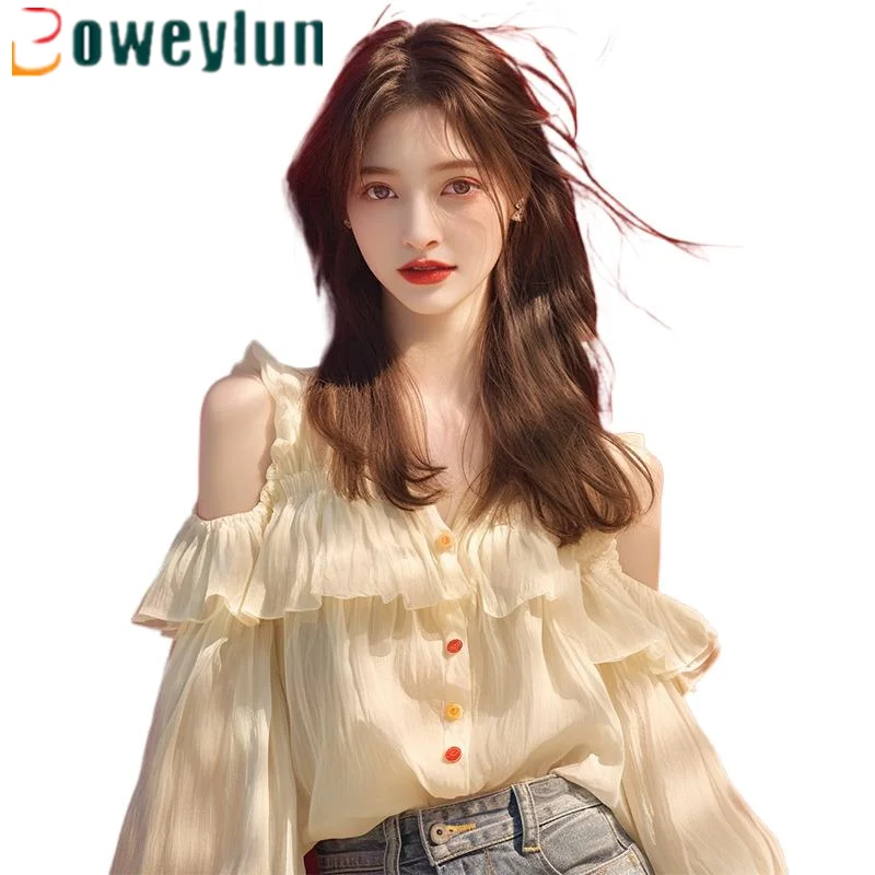 Женская рубашка с длинным рукавом V-образным вырезом и воланом