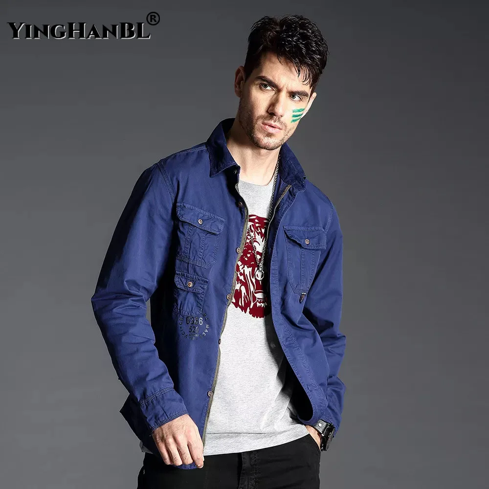 

Мужская рубашка в стиле милитари, весна-осень, рубашка из 100% чистого хлопка, уличная большая рабочая рубашка, рубашка с длинными рукавами, си...