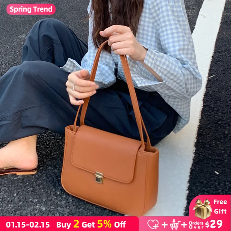 

Luxury Designer Women Shoulder Bag Vintage Solid Color Ladies Small Tote Underarm Bags PU Leather Female Daily Purse Handbags