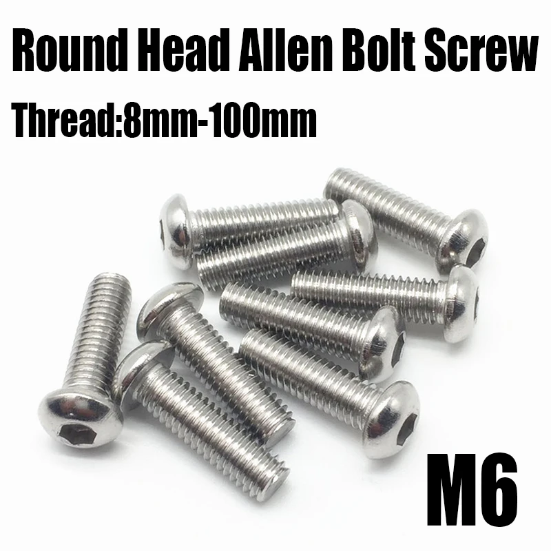 

5/10/20PCS M6 8mm-100mm Thread 201 Stainless Steel Round Allen Bolt Screw Hex Socket Button Head Screw Bolt Matching M6 Nuts