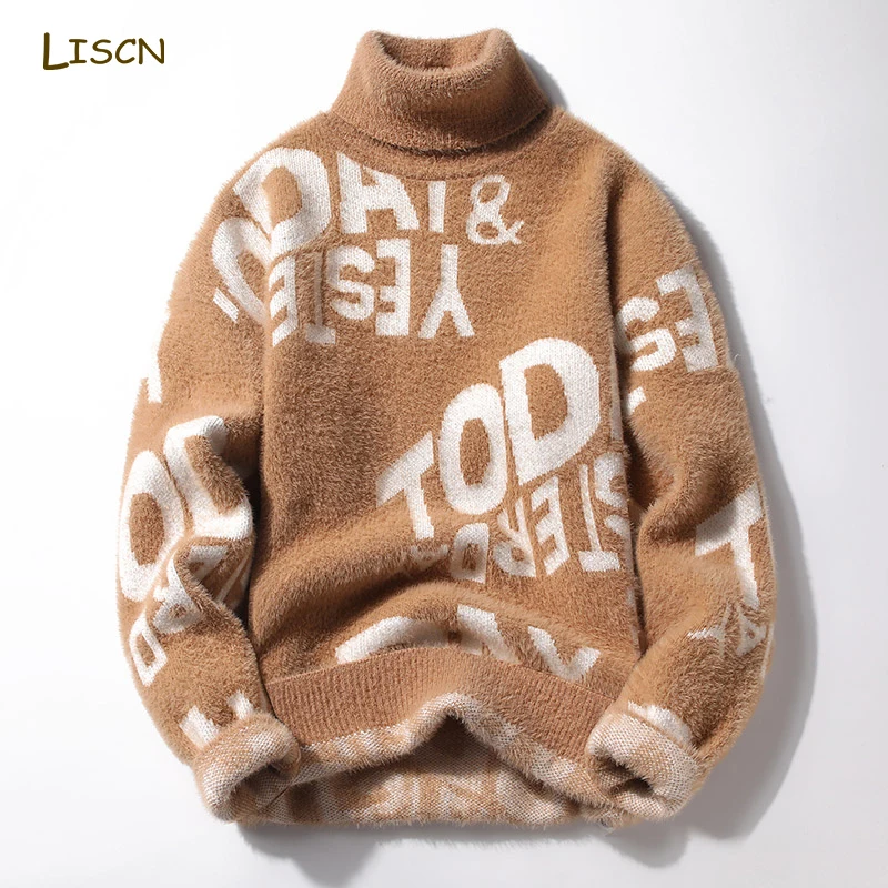 

Men Pullover Turtleneck Sweater Men Korean Winter Fashion Striped Casual Winter Sweater Warm Fleece Knitted Cute Sweater Men
