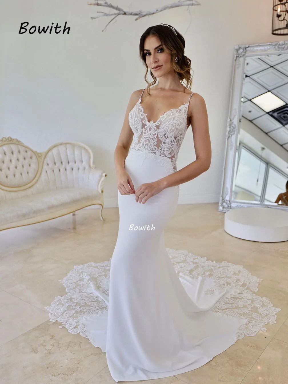 

Long Mermaid Wedding Dress 2022 Elegant Bridal Dress Vintage Boho Beach Wedding Dress with Long Train