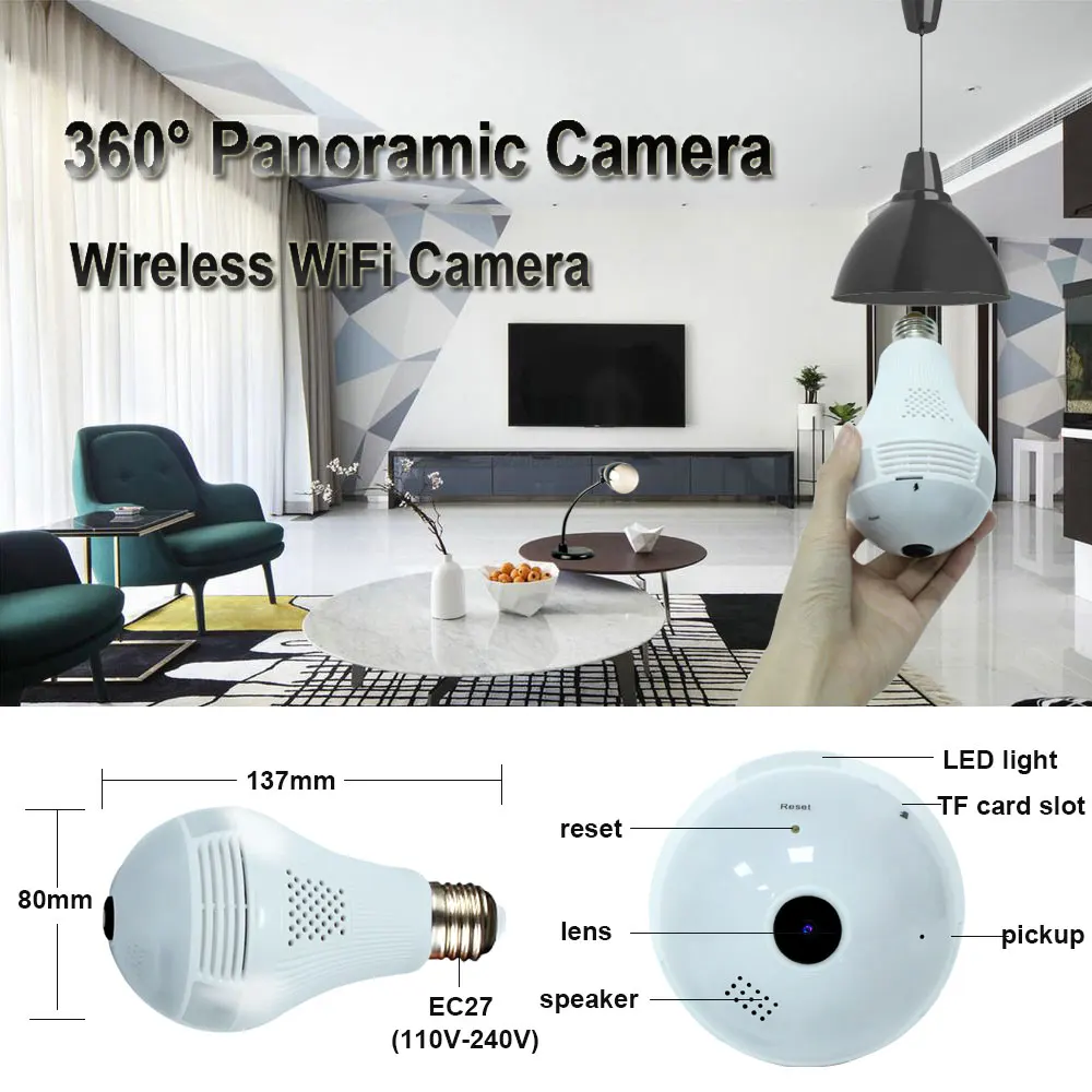 

SHACKER 360 градусветильник лампа 960P Беспроводная панорамная Домашняя безопасность Wi-Fi CCTV рыбий глаз лампочка стандарта двухстороннее аудио ка...