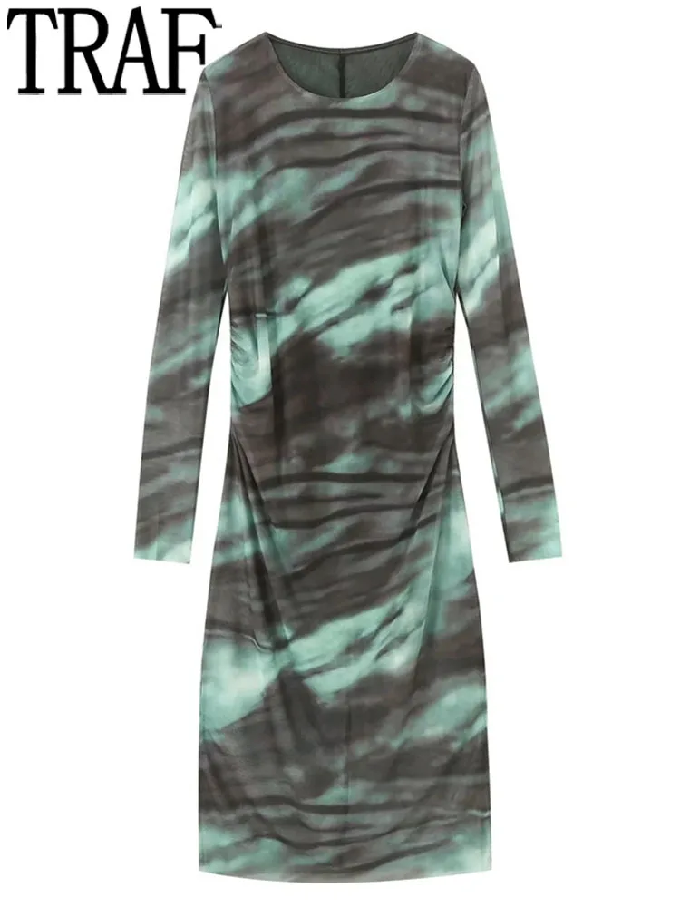 

TRAF Printed Tulle Dress Women Pleated Midi Dress Woman Long Sleeve Mesh Dresses for Women 2023 Chic Evening Long Dress Women