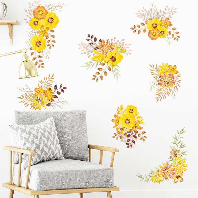 

New Small Yellow Peony Flower Bedroom Bedside Living Room Porch Wall Home Beautification Decorative Wall Stickers Self-adhesive