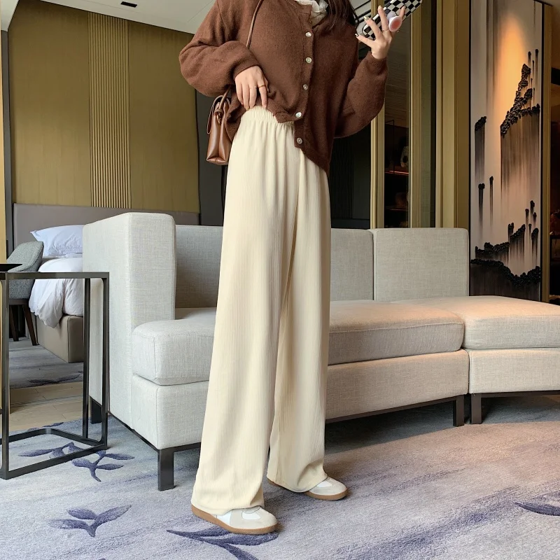 

Vertical stripes solid color pants Korean loose high waist draped casual pants