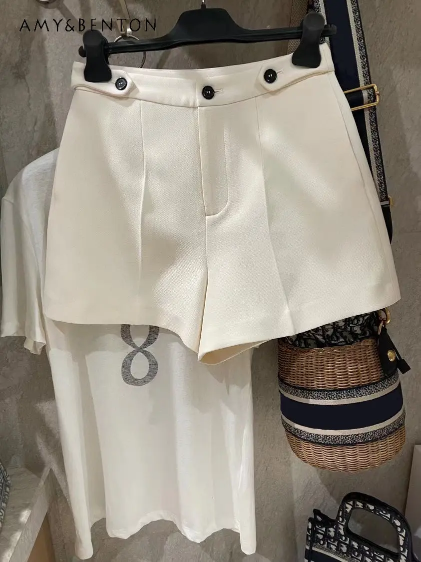 2023 Spring and Summer New Button Double Pocket Wide Leg Casual Shorts Solid Color High Waist Fashion All-Matching Short Pants