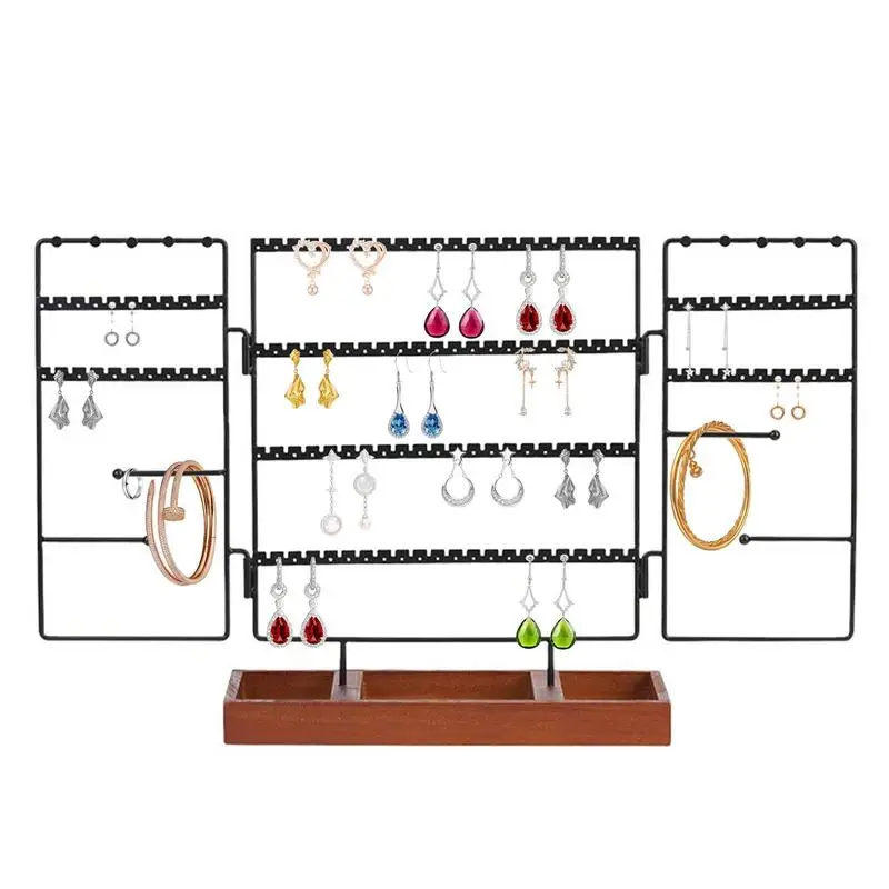 

Jewelry Organizer Necklace Display Rack With Wooden Tray Metal Storage Organizer For Earrings Necklaces Bracelets Rings Watches