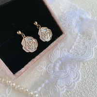 temperament gold plated camellia pendant drop earrings female cute white flower earrings jewelry gift