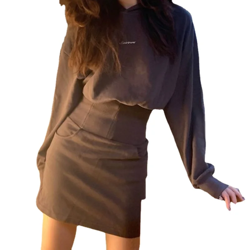 

Женское Короткое платье-свитер с капюшоном, повседневное корейское платье с длинным рукавом, модель H576 в Корейском стиле на осень, 2022