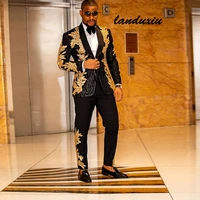 landuxiu men suits black with embroidery beaded two pieces peacked lapel designer blazers wedding tuxedos gold jacket and pants