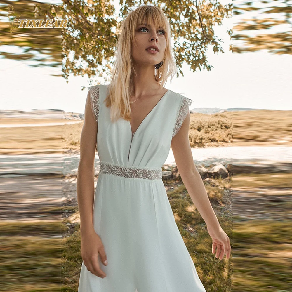 

TIXLEAR Boho V-Neck Sleeveles Wedding Dresses Elegant Backless Cut Out Bridal Gowns A-Line Sweep Train Satin Vestido De Novian
