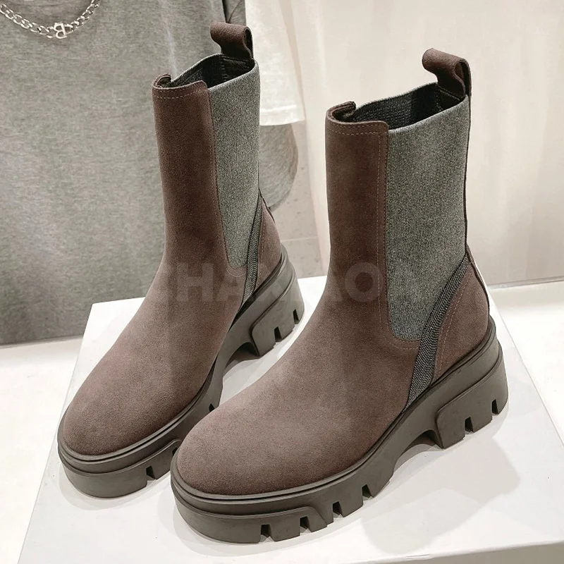 

Ботильоны женские замшевые, коровья кожа, высокий каблук, без застежки, круглый носок, на платформе, модная обувь, Осень-зима